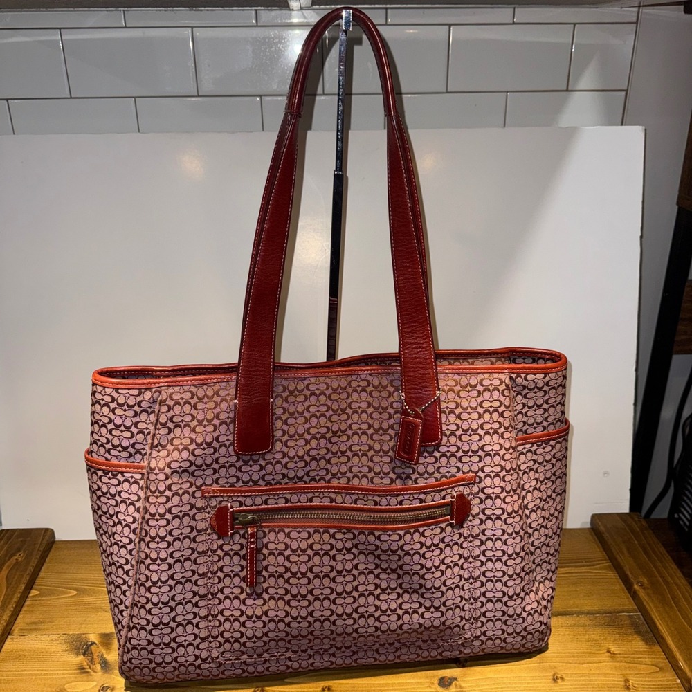 Vintage 2004 Coach Signature Large Tote Bag Burgundy Red Jacquard Work Bag Y2K